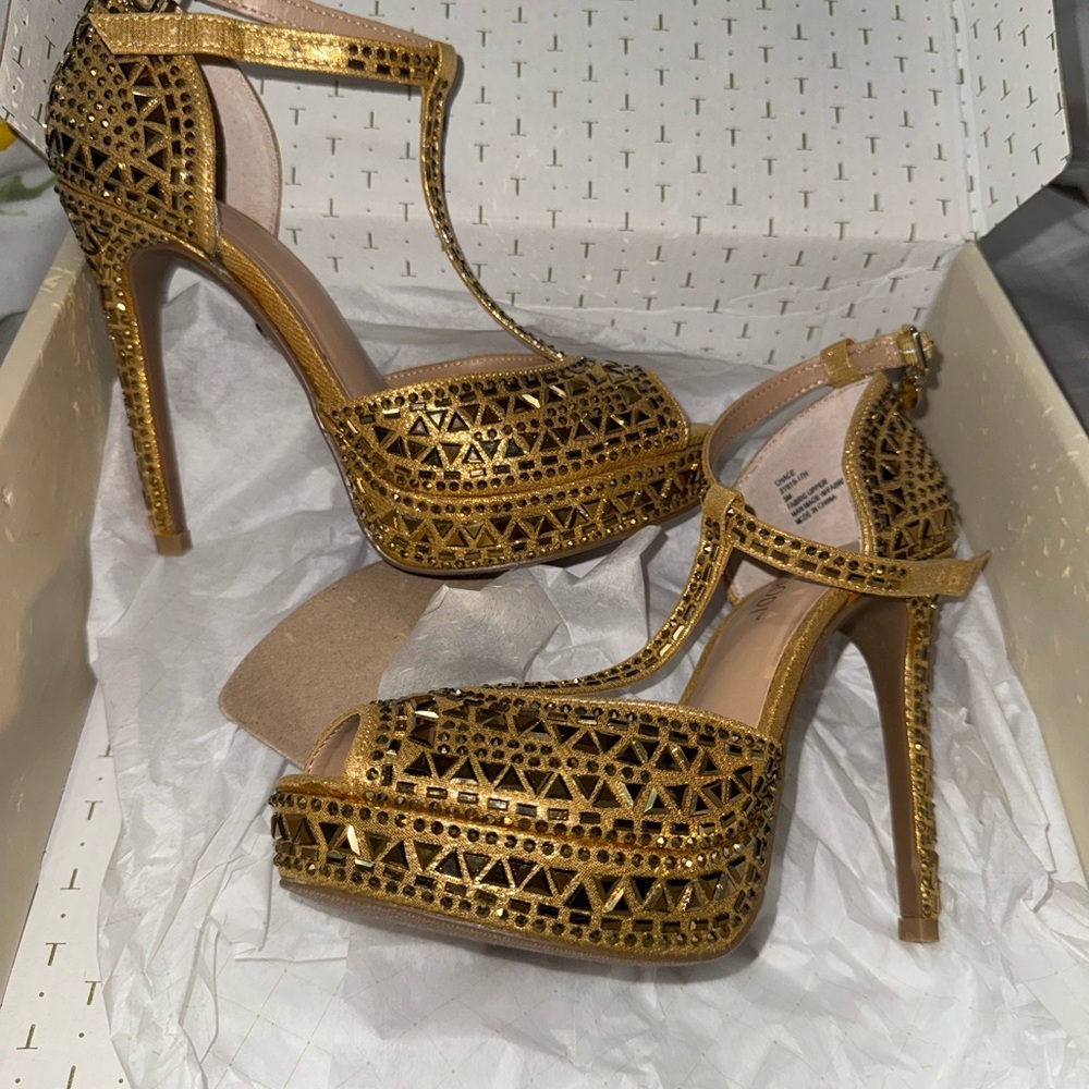 Thalia Sodi Gold Crystal Embellished Heels- pre loved with box
